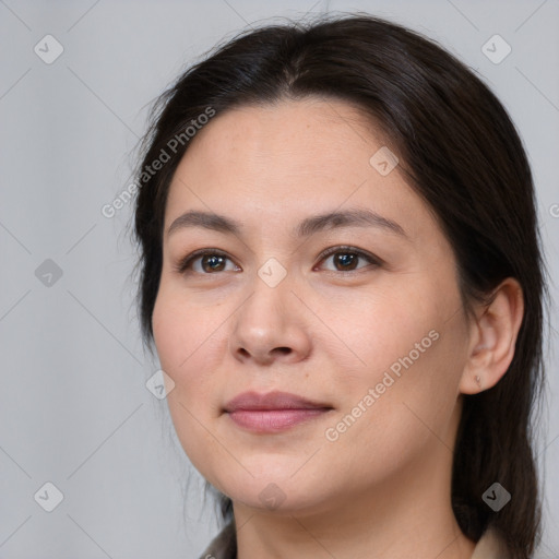 Joyful white young-adult female with medium  brown hair and brown eyes