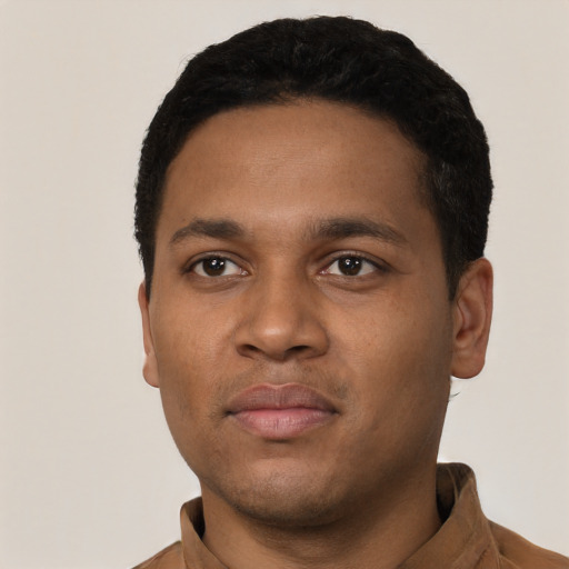 Neutral black young-adult male with short  black hair and brown eyes