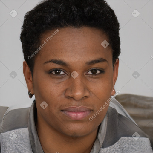 Joyful black young-adult female with short  brown hair and brown eyes