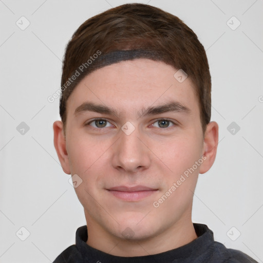 Neutral white young-adult male with short  brown hair and brown eyes