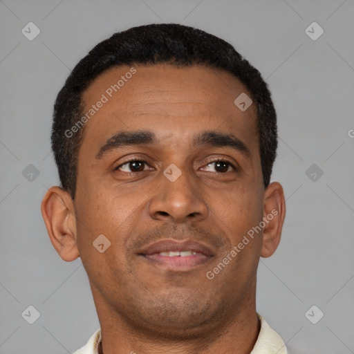 Neutral latino young-adult male with short  brown hair and brown eyes
