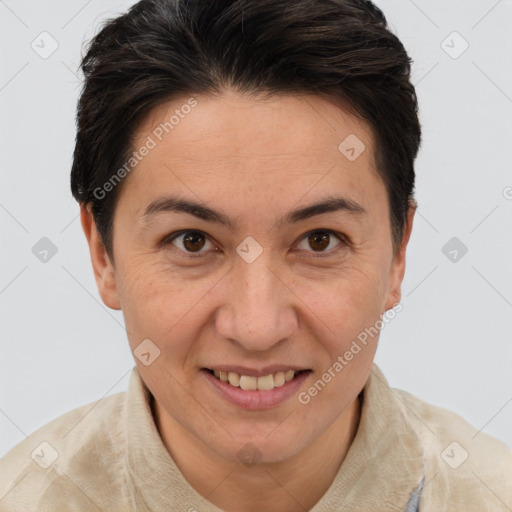 Joyful white adult female with short  brown hair and brown eyes