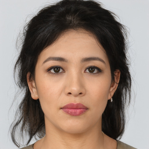 Neutral asian young-adult female with medium  brown hair and brown eyes