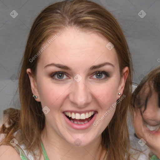 Joyful white young-adult female with medium  brown hair and blue eyes