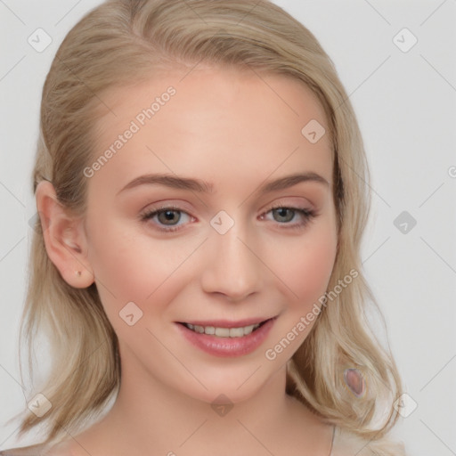 Joyful white young-adult female with medium  brown hair and blue eyes