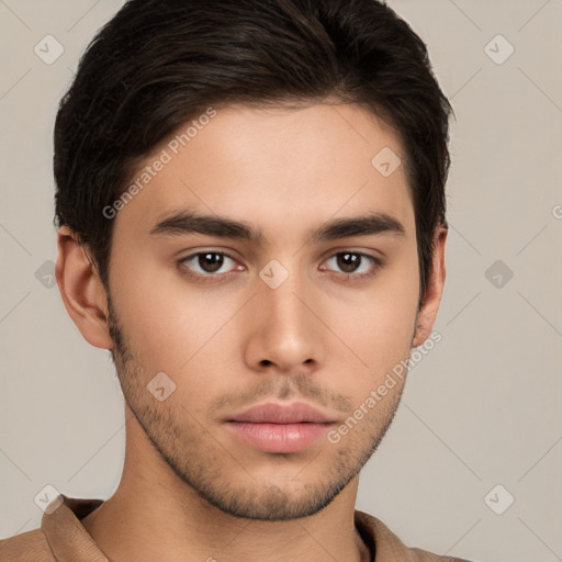 Neutral white young-adult male with short  brown hair and brown eyes