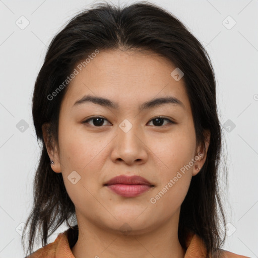 Joyful asian young-adult female with medium  brown hair and brown eyes