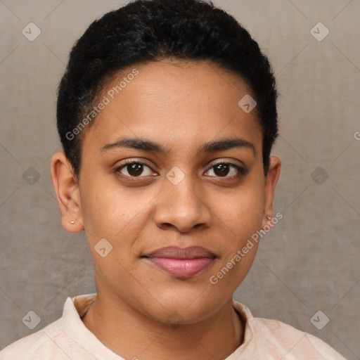 Joyful latino young-adult female with short  brown hair and brown eyes