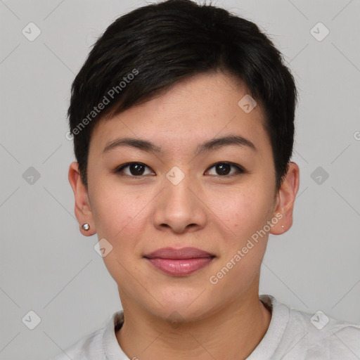 Joyful asian young-adult female with short  black hair and brown eyes