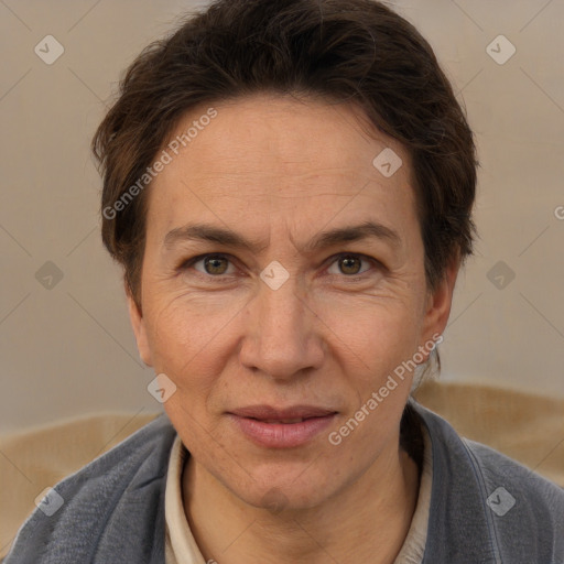 Joyful white adult female with short  brown hair and brown eyes