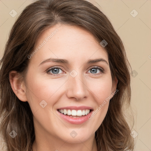 Joyful white young-adult female with long  brown hair and green eyes