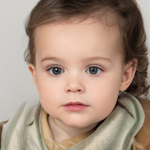 Neutral white child female with medium  brown hair and blue eyes