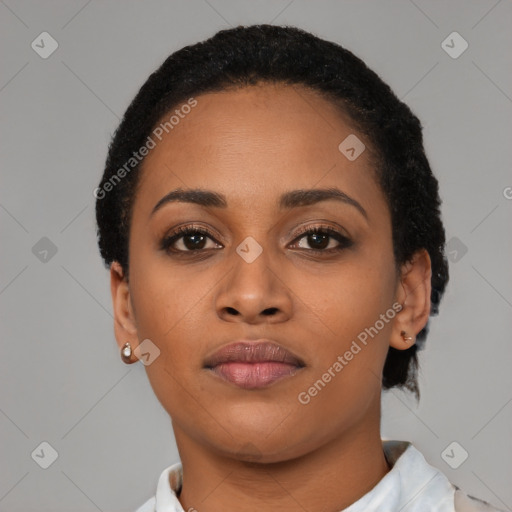 Neutral black young-adult female with short  brown hair and brown eyes