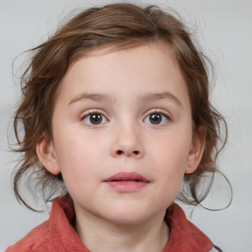 Neutral white child female with medium  brown hair and blue eyes