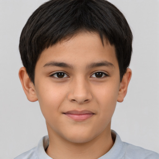 Joyful asian child male with short  brown hair and brown eyes