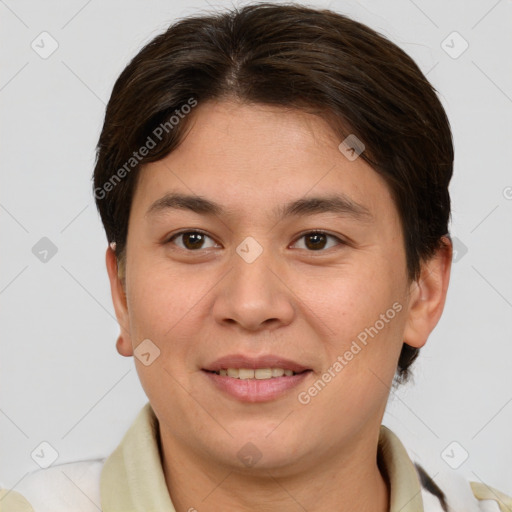 Joyful white young-adult female with short  brown hair and brown eyes