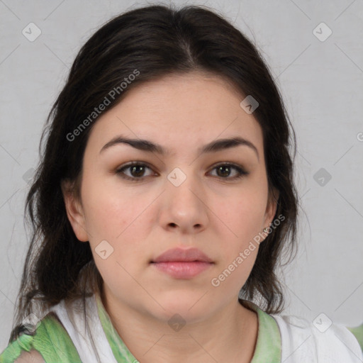 Neutral white young-adult female with medium  brown hair and brown eyes