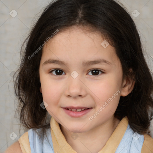 Joyful white child female with medium  brown hair and brown eyes