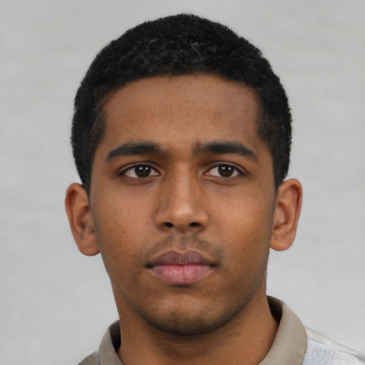 Neutral black young-adult male with short  black hair and brown eyes