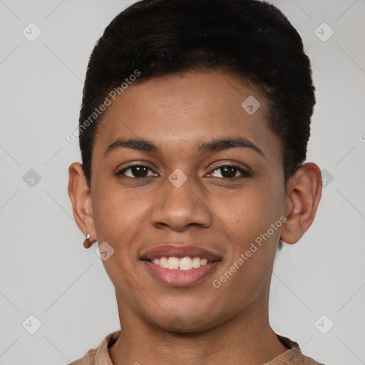 Joyful black young-adult female with short  brown hair and brown eyes