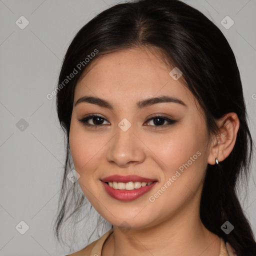 Joyful white young-adult female with medium  brown hair and brown eyes