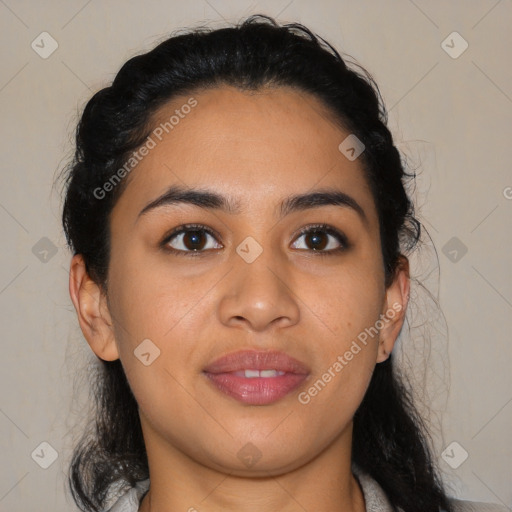 Joyful latino young-adult female with medium  black hair and brown eyes