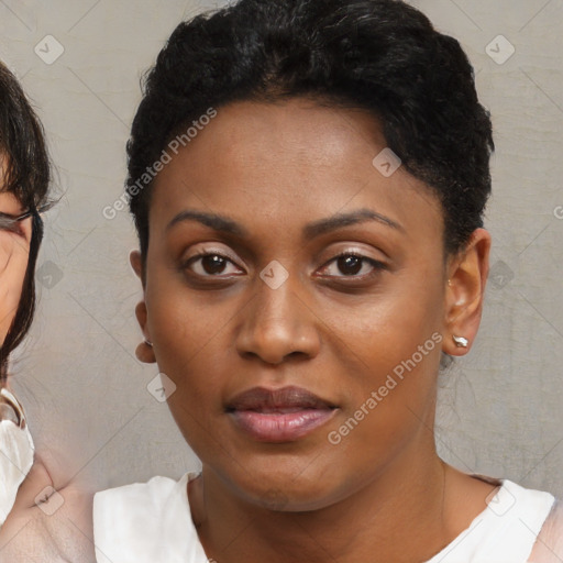 Neutral black young-adult female with short  brown hair and brown eyes