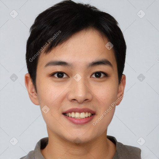 Joyful asian young-adult male with short  brown hair and brown eyes