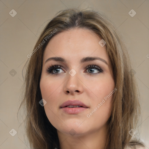 Neutral white young-adult female with medium  brown hair and brown eyes