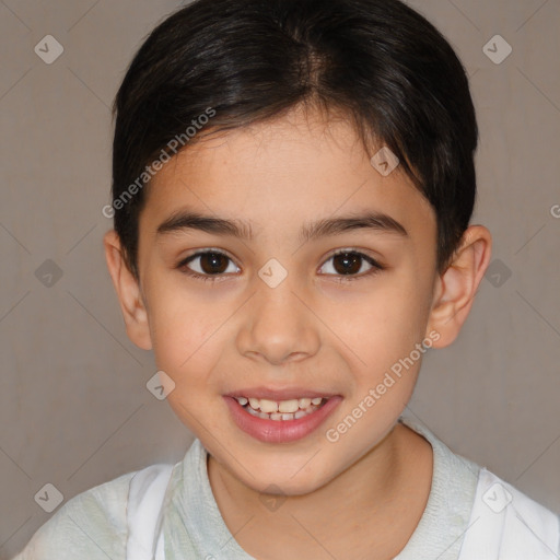 Joyful white child female with medium  brown hair and brown eyes