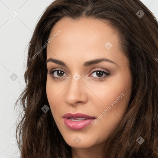 Neutral white young-adult female with long  brown hair and brown eyes