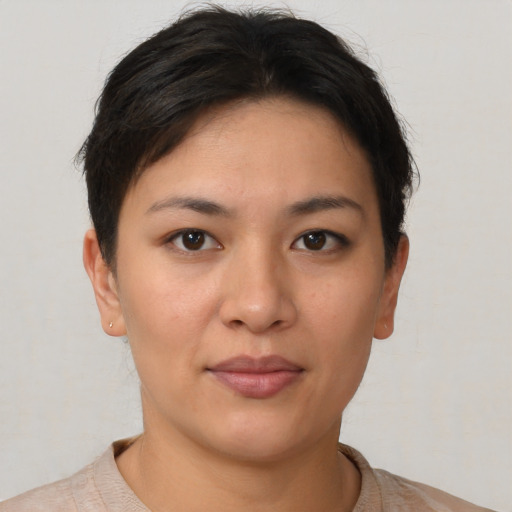 Joyful asian young-adult female with short  brown hair and brown eyes
