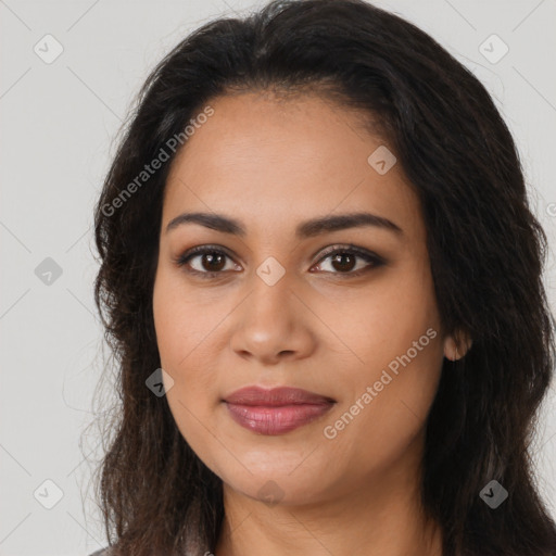 Joyful latino young-adult female with long  brown hair and brown eyes