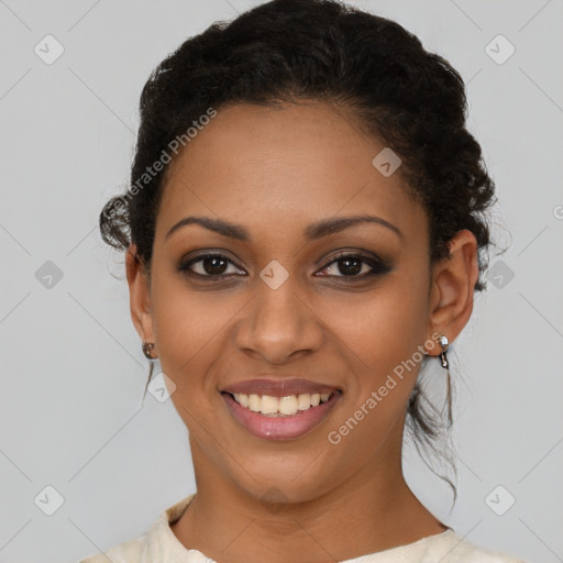 Joyful latino young-adult female with short  black hair and brown eyes