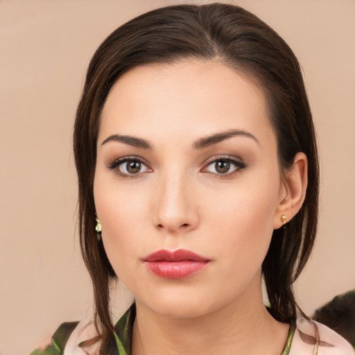 Neutral white young-adult female with medium  brown hair and brown eyes