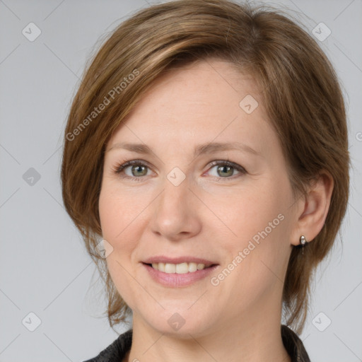 Joyful white young-adult female with medium  brown hair and brown eyes