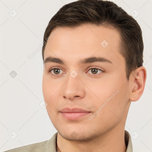 Neutral white young-adult male with short  brown hair and brown eyes