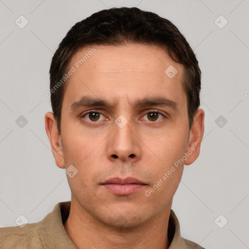 Neutral white young-adult male with short  brown hair and brown eyes