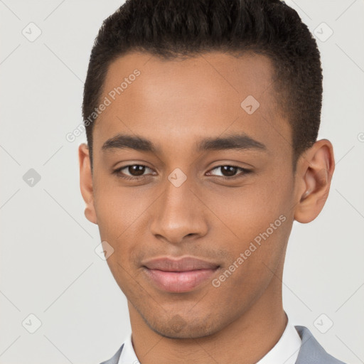 Joyful latino young-adult male with short  brown hair and brown eyes