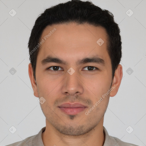 Neutral latino young-adult male with short  black hair and brown eyes