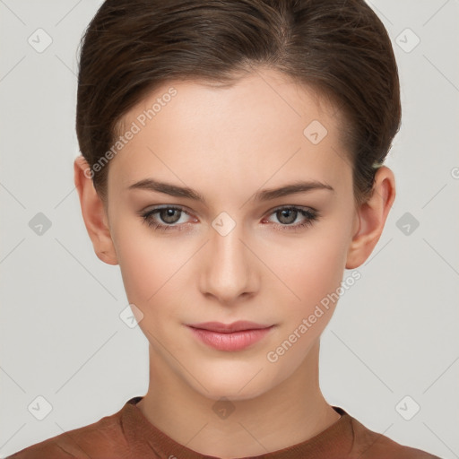 Neutral white young-adult female with short  brown hair and brown eyes