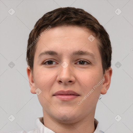 Neutral white young-adult male with short  brown hair and brown eyes