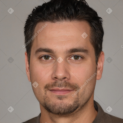 Neutral white young-adult male with short  brown hair and brown eyes