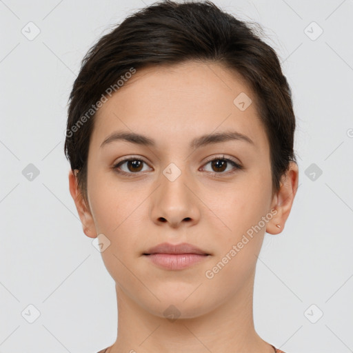 Neutral white young-adult female with short  brown hair and brown eyes