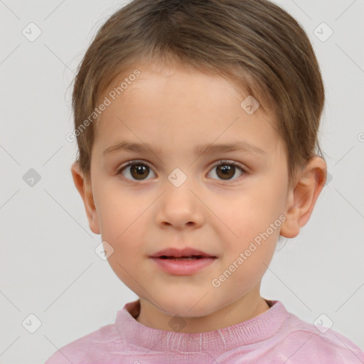 Neutral white child female with short  brown hair and brown eyes