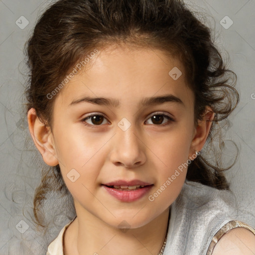 Joyful white child female with medium  brown hair and brown eyes