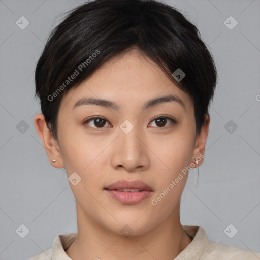 Neutral asian young-adult female with short  brown hair and brown eyes