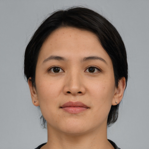 Neutral asian young-adult female with medium  black hair and brown eyes