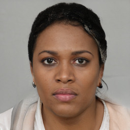 Neutral black young-adult female with short  black hair and brown eyes