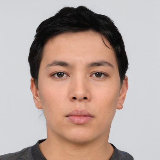 Neutral asian young-adult male with short  brown hair and brown eyes